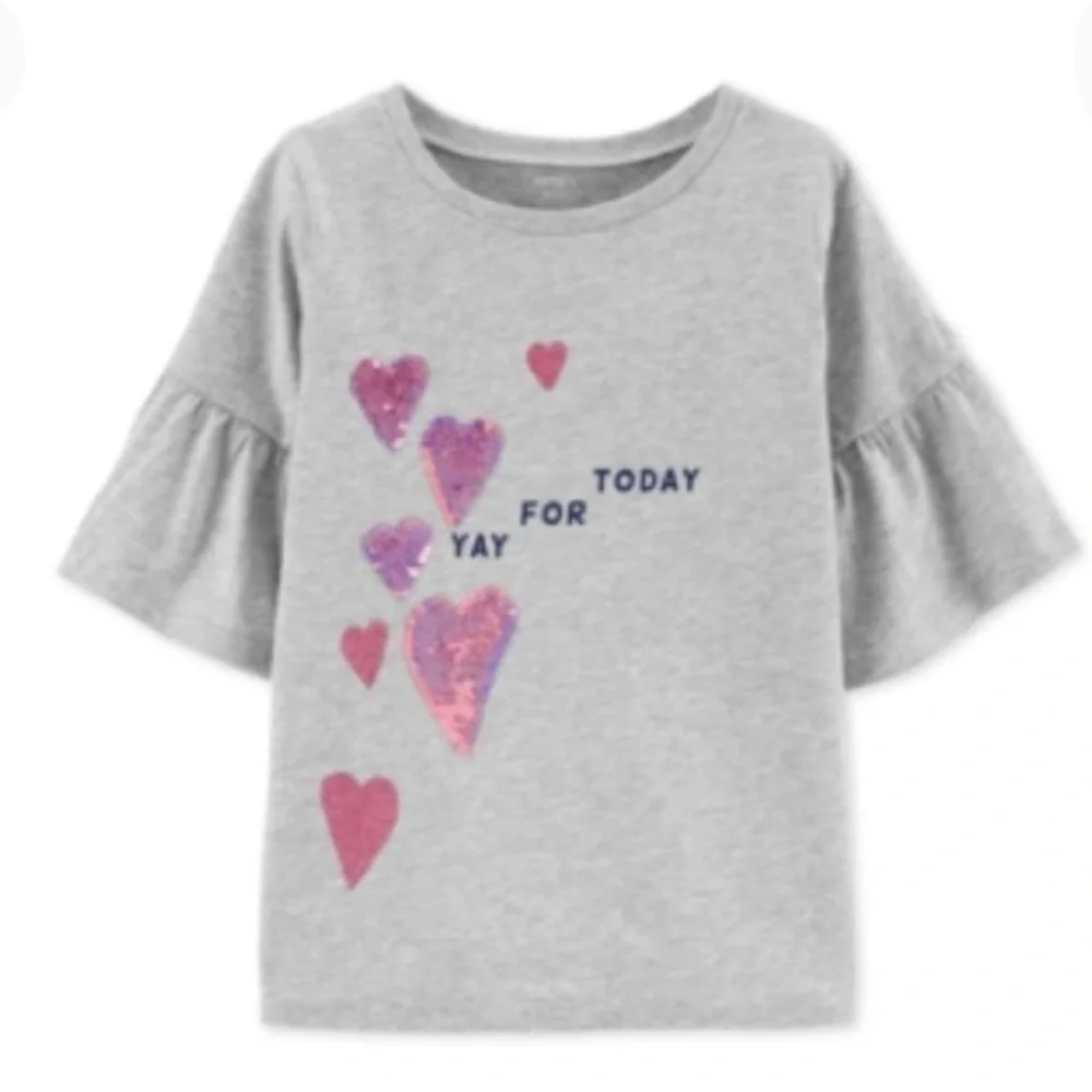 NEW Carter’s Girls Flip Sequin Heart Bell Sleeve Top, Size 4, Gray Pink